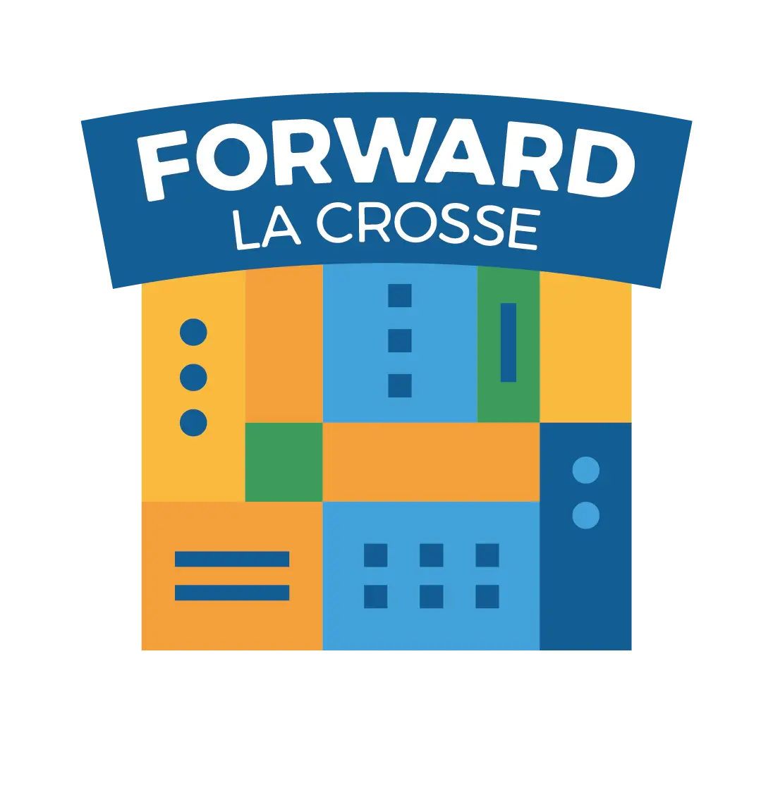 Colorful Logo with 'Forward La Crosse  ' in white, divided into 9 sections of different colors.