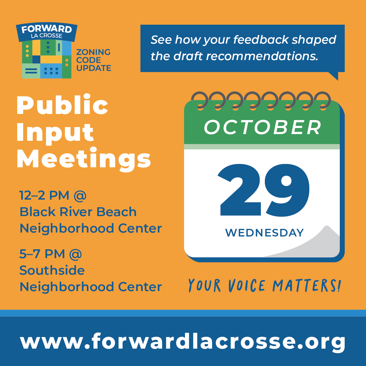 Community Input Meetings Set for October 29 – Review Draft Zoning Code Recommendations